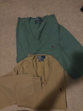 Ralph Lauren V-Neck Sweater in Sage Green with Red Polo Logo
